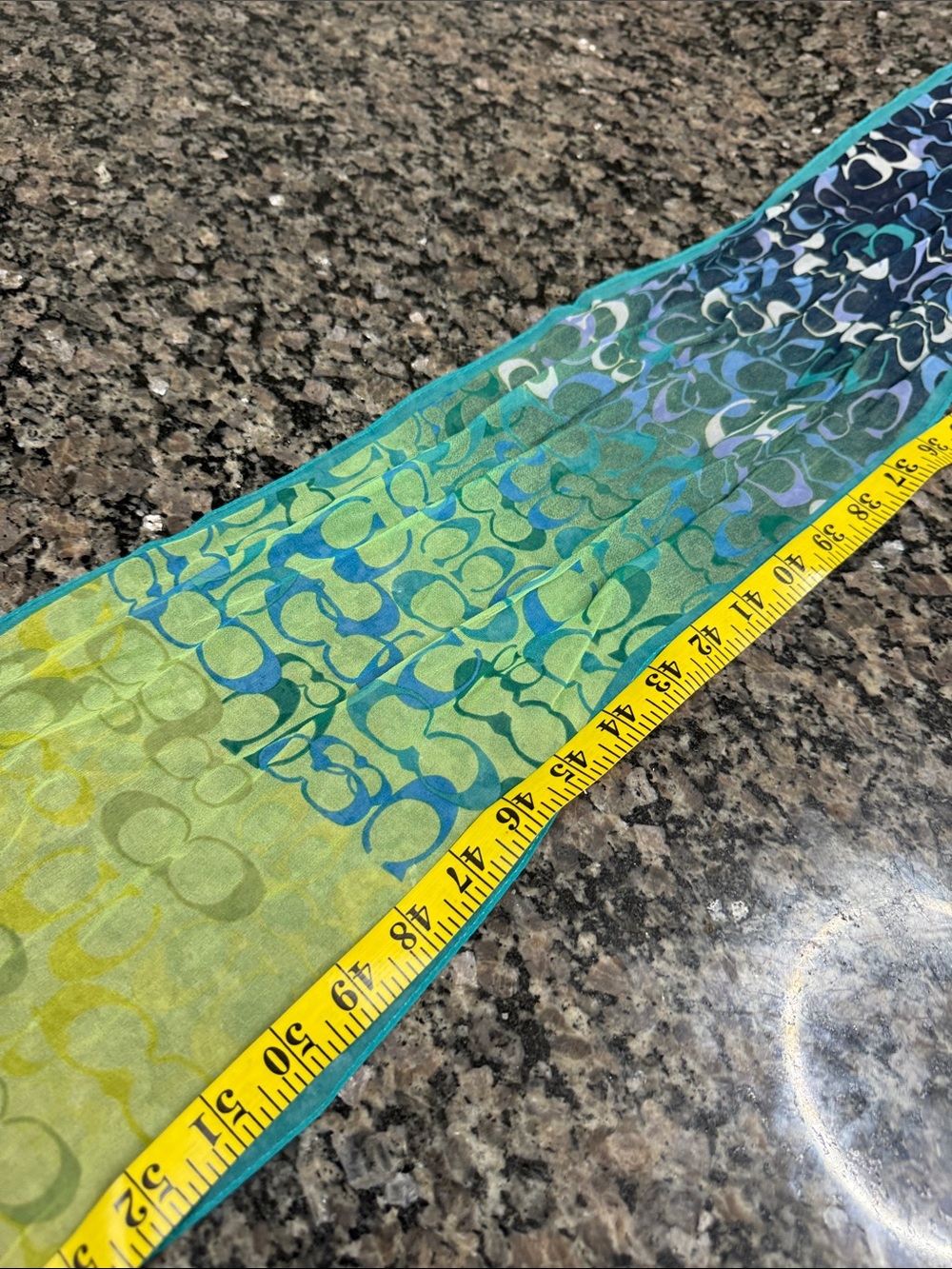 Coach silk Lime Green and Teal Logo Print Scarf - Picture 8 of 12